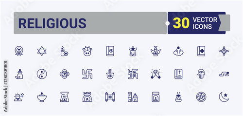 Set of Religious line icons. Featuring relaxation, relax, ayurveda, wellness, magic, lotus, woman and more. Minimal linear icons. Vector line and solid icons.