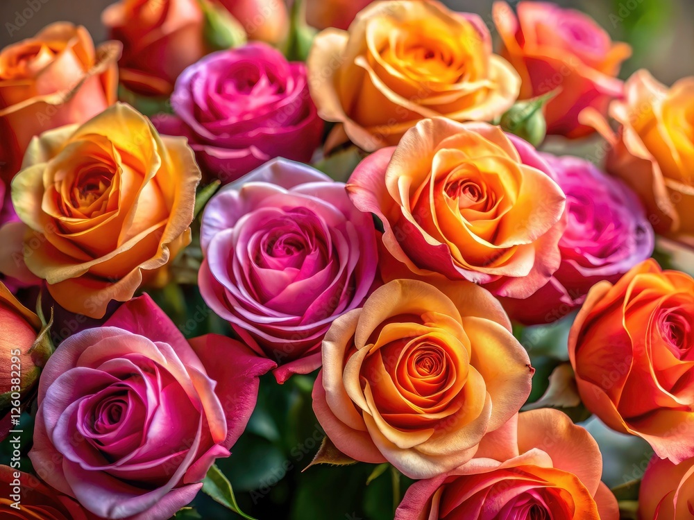 Close-up of a breathtaking bouquet: pink and orange roses, vibrant and romantic, bloom in exquisite detail. Close-up of a breathtaking bouquet: pink and orange roses, vibrant and romantic, bloom in exquisite detail.