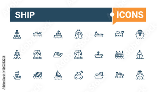 Ship icon collection. Icons sailboat, boat, sea, vessel, transportation, cargo and more. Outline symbol collection. Solid line editable stroke. Vector line and solid icons.