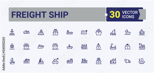 Freight Ship icon set. It contains symbols to sail, car, transport, yacht, port, vessel, tank. Minimal icons. Editable vector icon and illustration.