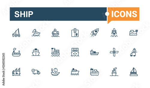 Ship icon collection. Icons sailboat, boat, sea, vessel, transportation, cargo and more. Outline symbol collection. Solid line editable stroke. Vector line and solid icons.
