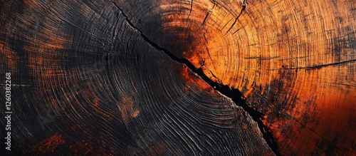 Abstract close-up of a textured scratched wooden surface highlighting rich colors and natural patterns in aged wood grain. photo