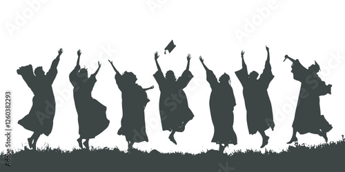 Collection of student silhouettes celebrating graduation happily. Suitable for designing graduation books, banners, magazines and other academic documents with the theme of graduation and achievement.