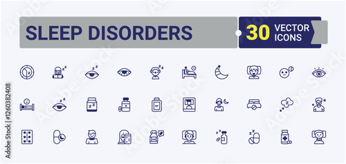 Set of Sleep Disorders line icons. Contains such icons as dream, anti, lying, pill, relax, deprivation, problems, pillow. Web icons. Vector outline and solid icons collection.