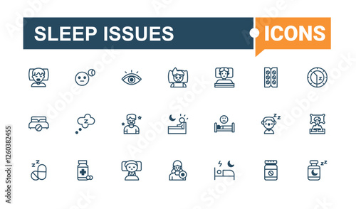 Sleep Issues collection. Includes icons for bullying, bedding, behaviour, dream, deprivation, man, trouble and more. Isolated icon. Solid line editable stroke. Vector line and solid icons.