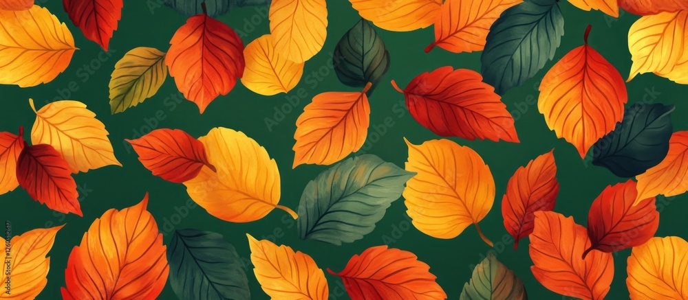 Obraz premium Vibrant autumn leaves in shades of red, orange, and yellow against a green background perfect for seasonal designs and themes.