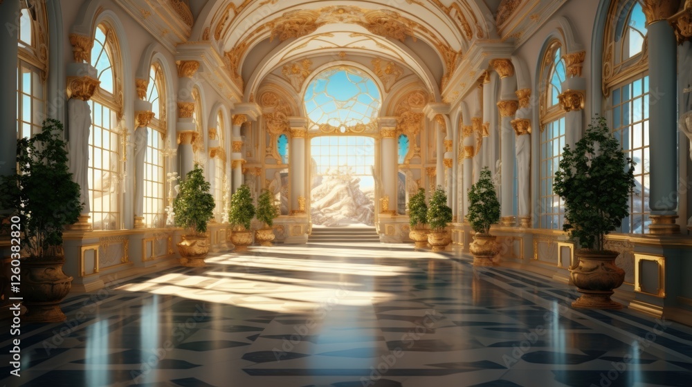 Fototapeta premium Grand Hall with Arched Windows and Elegant Design Showcasing Natural Light and Decorative Elements in A Majestic Setting, Grand Hall of a Gilded Palace