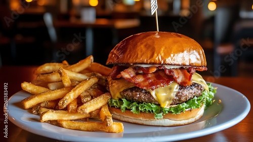 A mouthwatering burger topped with melted cheese, crispy bacon, and fresh lettuce, served alongside golden French fries on a rustic plate