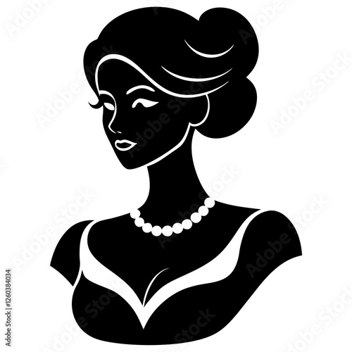 A stylized, black and white silhouette portrait of a beautiful woman in 1920s fashion., Elegant 1920s woman silhouette portrait. black silhouette vector, Simple silhouette Design vector icon,