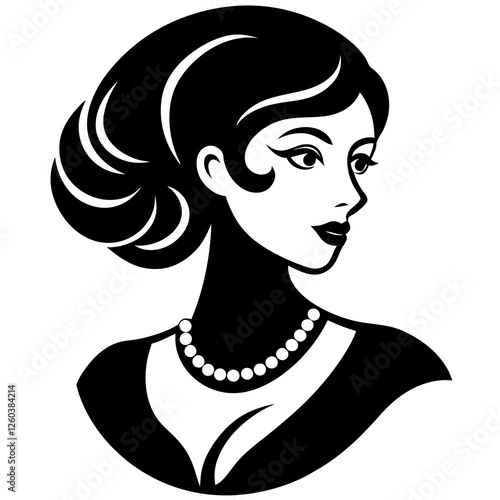 A stylized, black and white silhouette portrait of a beautiful woman in 1920s fashion., Elegant 1920s woman silhouette portrait. black silhouette vector, Simple silhouette Design vector icon,