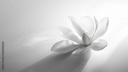 Black and white photograph of a single flower. the flower is in the center of the image, with its petals spread out in a fan-like shape.