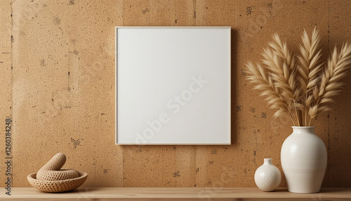 Square White Canvas Mockup on Warm Wood Background with Natural Lighting