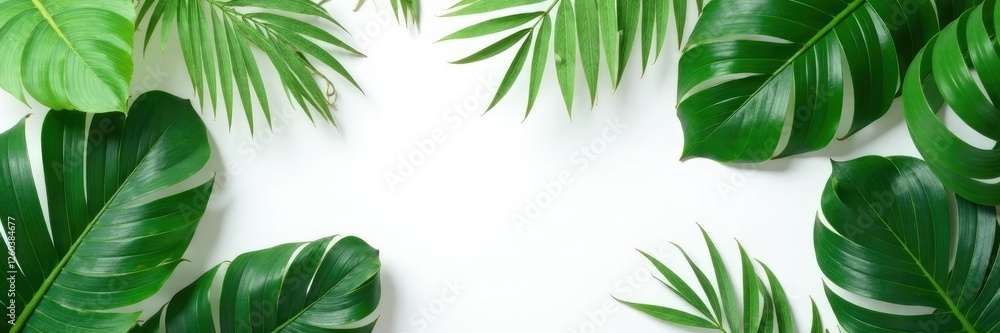 Foliage of tropical plants on a white surface with highlights, leaves, tropical Foliage of tropical plants on a white surface with highlights, leaves, tropical