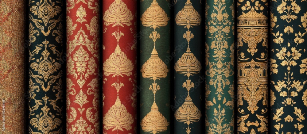 Traditional Thai Fabric Patterns with Intricate Gold Designs on Richly Colored Backgrounds Traditional Thai Fabric Patterns with Intricate Gold Designs on Richly Colored Backgrounds