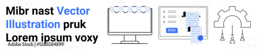 Desktop monitor displaying payment and checklist, automation gear with arrows and lines. Ideal for online payments, task management, automation, workflow systems, tech processes, data analysis