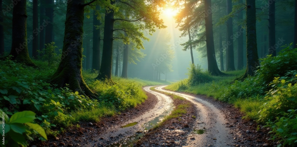 Obraz premium Forest landscape with waterlogged earth and puddles on a winding road, winding roads, waterlogged earth