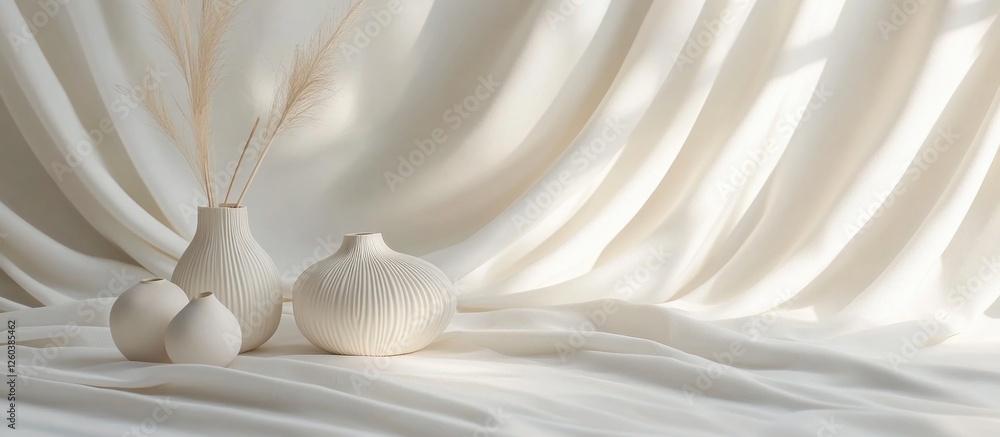 Elegant still life with white fabric draping and minimalist ceramic vases showcasing delicate dried plants and soft textures. Elegant still life with white fabric draping and minimalist ceramic vases showcasing delicate dried plants and soft textures.