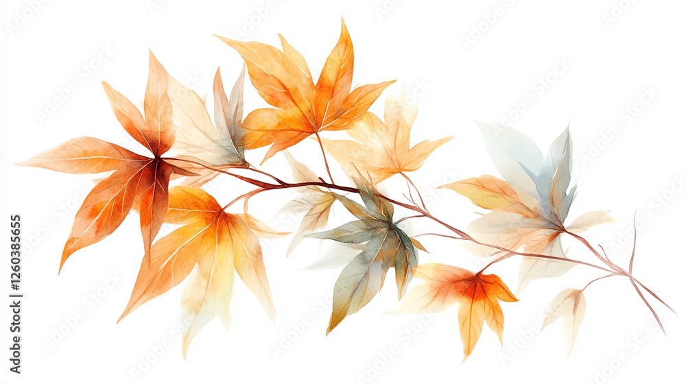 Colorful autumn leaves on a branch against a white isolated background. Colorful autumn leaves on a branch against a white isolated background.