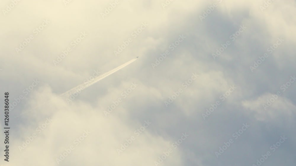 Airplane cruising through fluffy clouds in bright daylight high above Airplane cruising through fluffy clouds in bright daylight high above