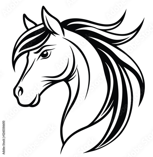 Elegant horse head drawing in black and white showcases a flowing mane and strong features.