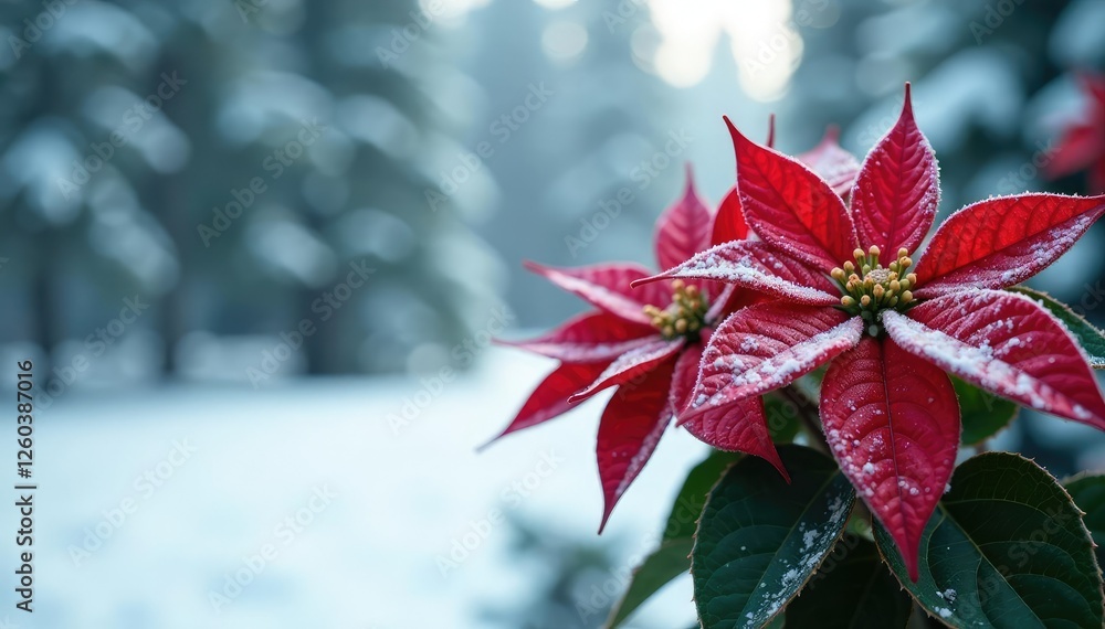 Frozen red poinsettias against a backdrop of snow-covered pine trees, evergreen, flowers, winter Frozen red poinsettias against a backdrop of snow-covered pine trees, evergreen, flowers, winter