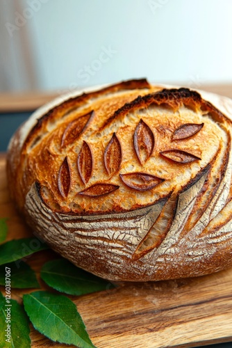 Artisan sourdough bread loaf with leaf design