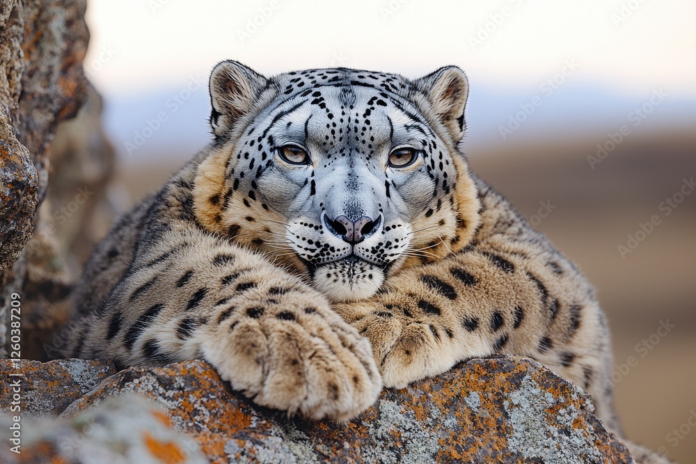 Majestic Snow Leopard Resting on Rocky Mountain Majestic Snow Leopard Resting on Rocky Mountain