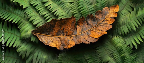 Thai art design on dried Bho leaf set against a backdrop of lush green fern leaves showcasing nature's intricate beauty. photo