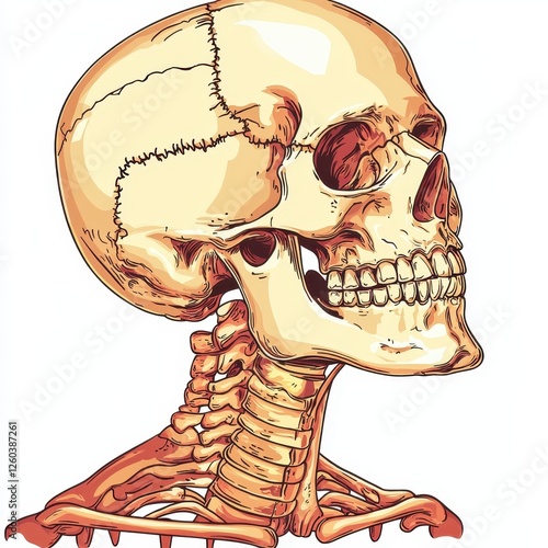 Detailed Anatomical Illustration of Human Skull and Cervical Spine in Profile View