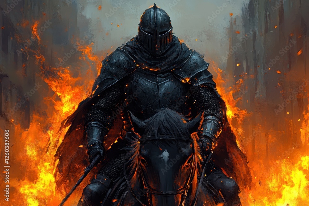 Epic knight riding a steed through fiery medieval streets fantasy art digital illustration dramatic atmosphere Epic knight riding a steed through fiery medieval streets fantasy art digital illustration dramatic atmosphere