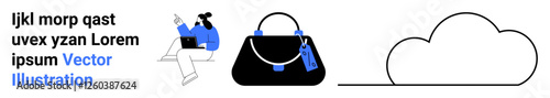 Woman using laptop, large handbag, minimalist cloud line. Ideal for fashion, online shopping, creativity, lifestyle, digital work, femininity flat landing page banner