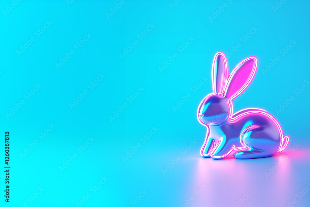 Obraz premium A neon pink bunny against a blue background, symbolizing Easter and the arrival of spring. The glowing effect enhances its vibrant, festive energy, capturing the joy of renewal and celebration.