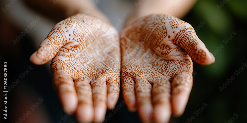 Henna-Decorated Hands, Close-Up View Henna-Decorated Hands, Close-Up View