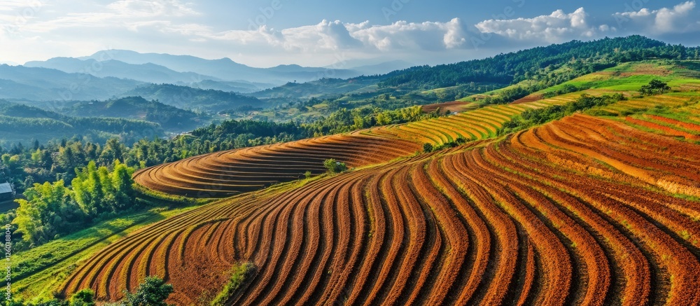 Fototapeta premium Aerial view of terraced plowed fields showcasing sustainable farming practices amidst a beautiful mountainous landscape.