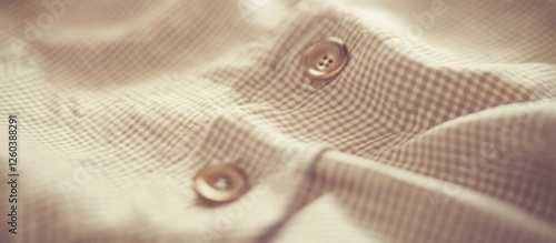 Close-up macro shot of textured fabric with buttons on a soft surface revealing intricate details and patterns. photo