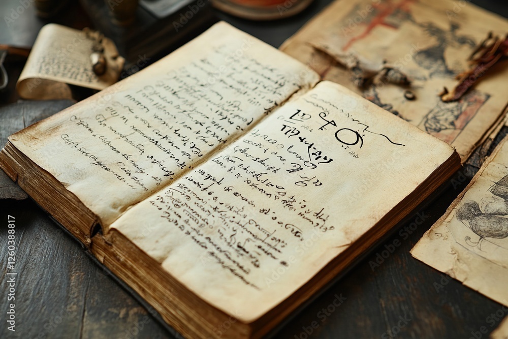 Obraz premium Ancient Manuscript: Unveiling Mysterious Writings and Symbols from History's Pages