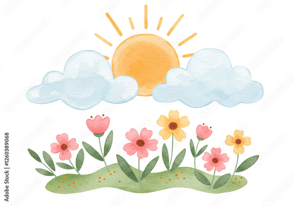 Pastel Watercolor Illustration Of Flowers And SunshineAnd SkyAnd GardenEtc.For KidsAnd Pastel Watercolor Illustration Of Flowers And SunshineAnd SkyAnd GardenEtc.For KidsAnd