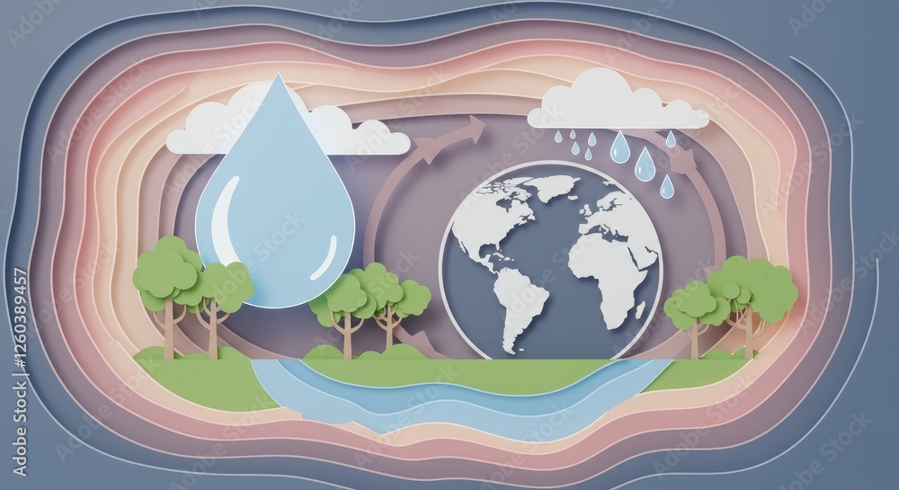 Naklejka premium A creative 3D paper-cut style illustration depicting Earth water cycle and a stylized earth with trees and a flowing river with a large droplet falling from the sky