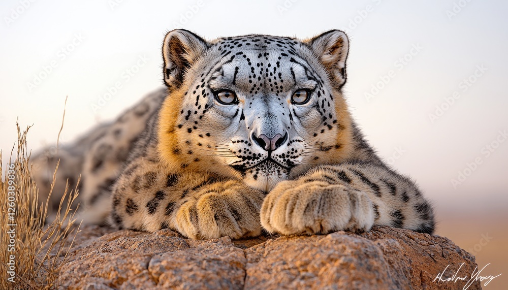 Majestic Snow Leopard Resting on a Rock Majestic Snow Leopard Resting on a Rock