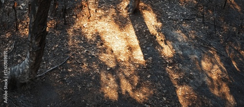 Sunlight casting dramatic shadows through trees on forest ground illuminating textures and creating a serene woodland atmosphere. photo