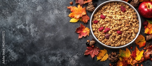 Thanksgiving Multigrain Harvest Crumble Surrounded by Autumn Leaves and Text Space for Seasonal Promotions photo