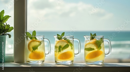 Refreshing lemonade with mint in jugs overlooking the sea fresh summer drink with empty copyspace for text and advertising usages photo