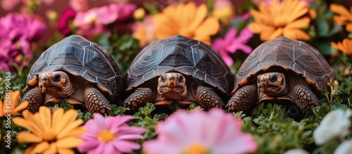 Three tortoises among colorful flowers showcasing unique shells and stumpy legs with a vibrant floral backdrop and space for text photo