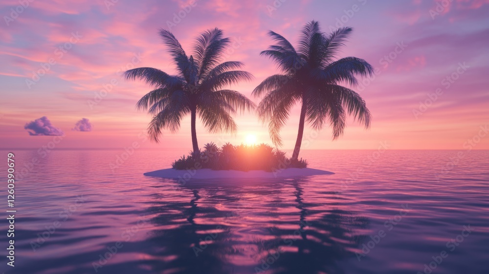 Tropical island paradise at sunset with palm trees and tranquil waters creating an ideal backdrop for text or marketing material Tropical island paradise at sunset with palm trees and tranquil waters creating an ideal backdrop for text or marketing material