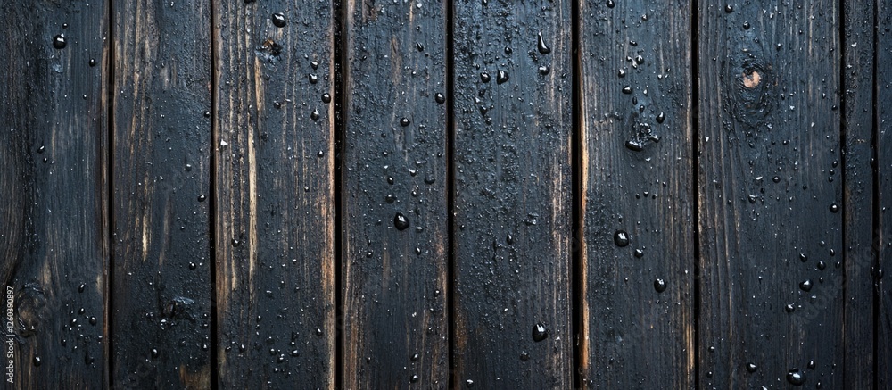 Fototapeta premium Wet wooden surface with raindrops, abstract background for artwork, close-up top view showcasing texture and reflections in dark tones.