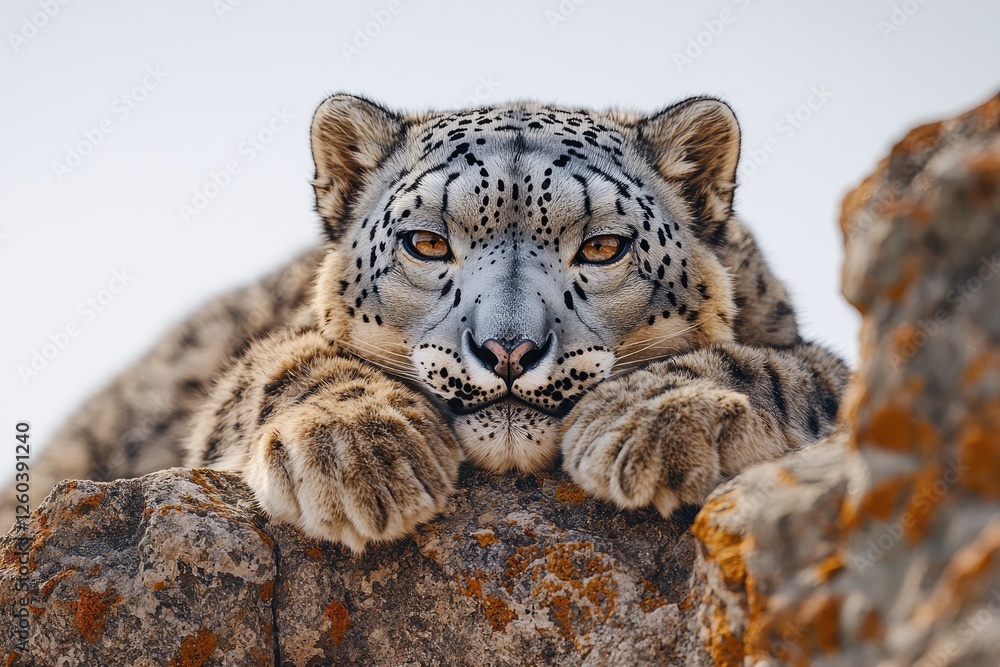 Majestic Snow Leopard Resting on Rocky Mountain Majestic Snow Leopard Resting on Rocky Mountain