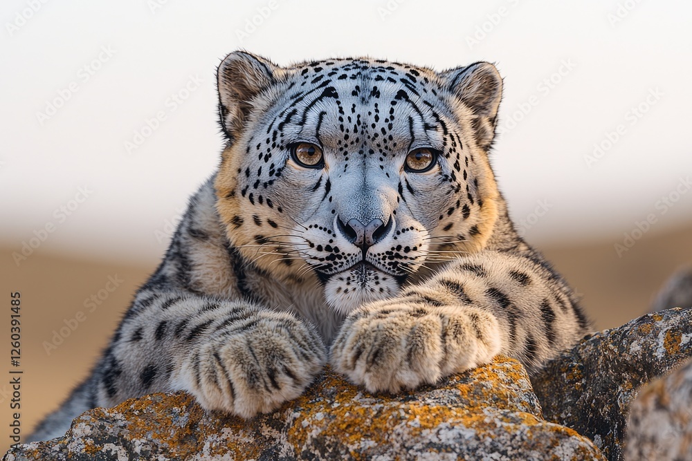 Fototapeta premium Majestic Snow Leopard Resting on Rocky Outcrop