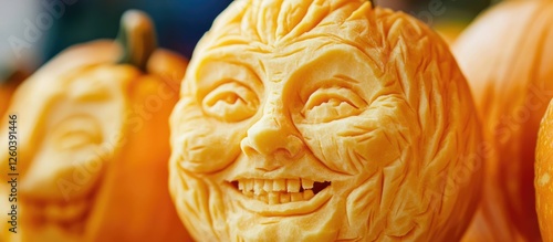 Vegetable Carving Artistry Showcasing Intricate Pumpkin Sculptures with Space for Custom Text or Messaging photo