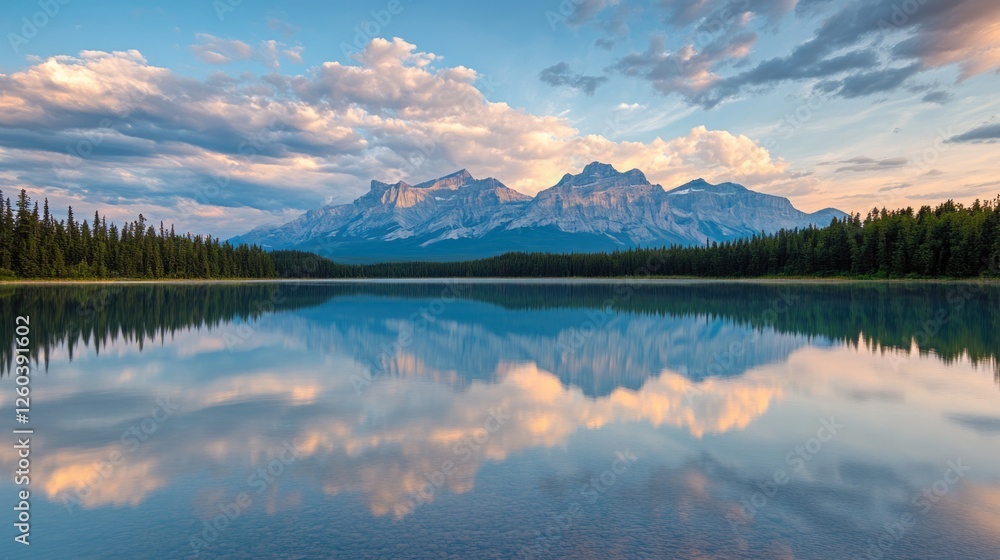 Serene lake landscape with evening sky and rocky mountains reflecting in calm waters offering ample space for text insertion. Serene lake landscape with evening sky and rocky mountains reflecting in calm waters offering ample space for text insertion.