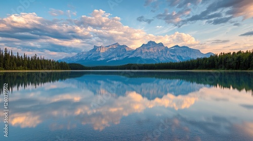 Fototapeta Naklejka Na Ścianę i Meble -  Serene lake landscape with evening sky and rocky mountains reflecting in calm waters offering ample space for text insertion.